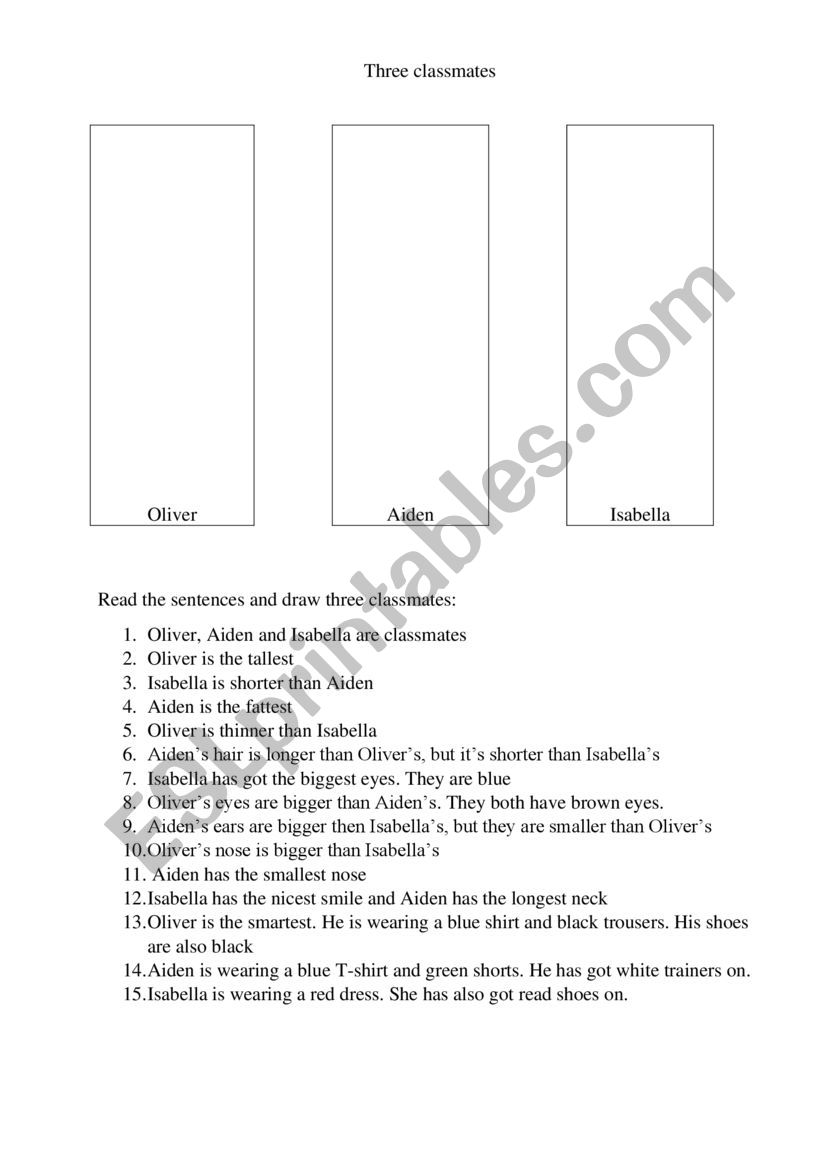 Three classmates - worksheet for practice comperaatives and superlatives