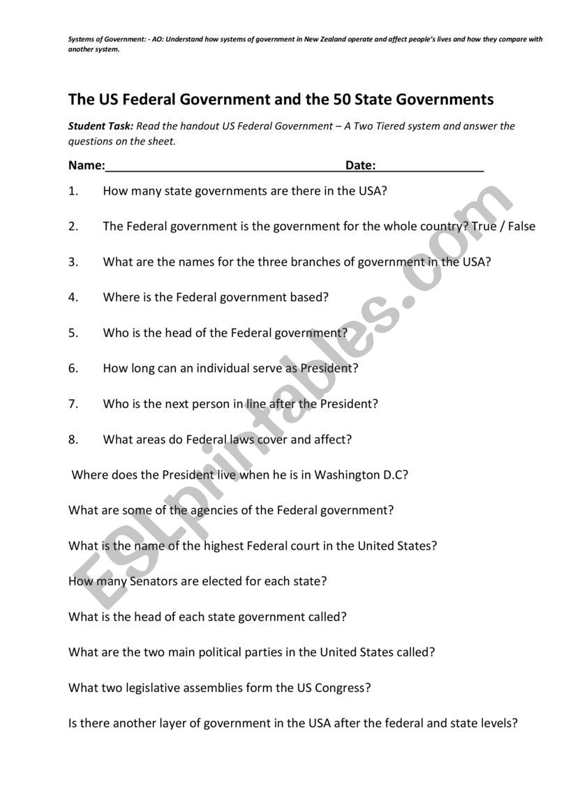 The US Government worksheet