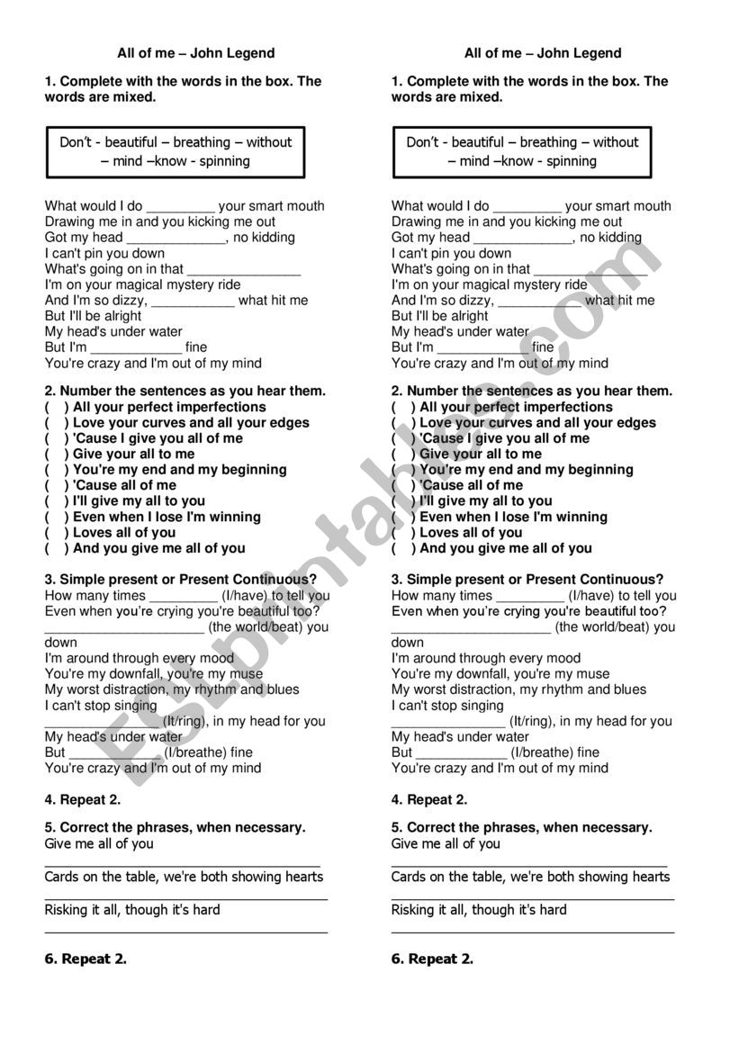 Song: All of me. John Legend  worksheet