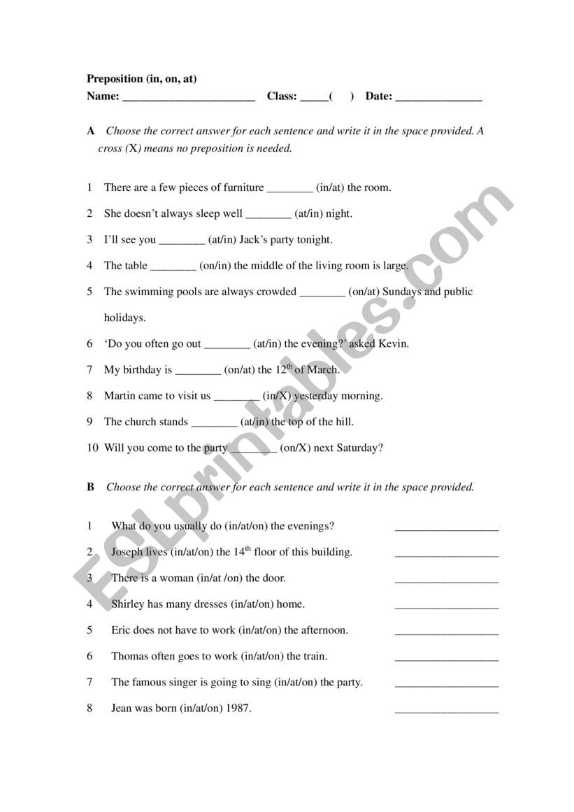 Preposition Test worksheet