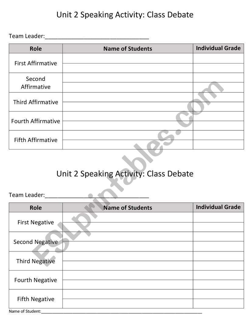 Debate class ranking worksheet