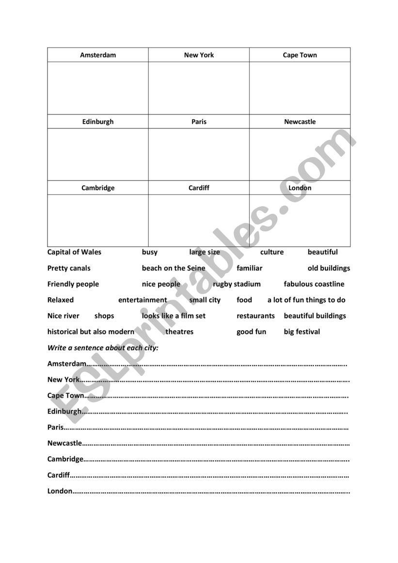 Favourite city - worksheet for Project 3 Unit 4 Video