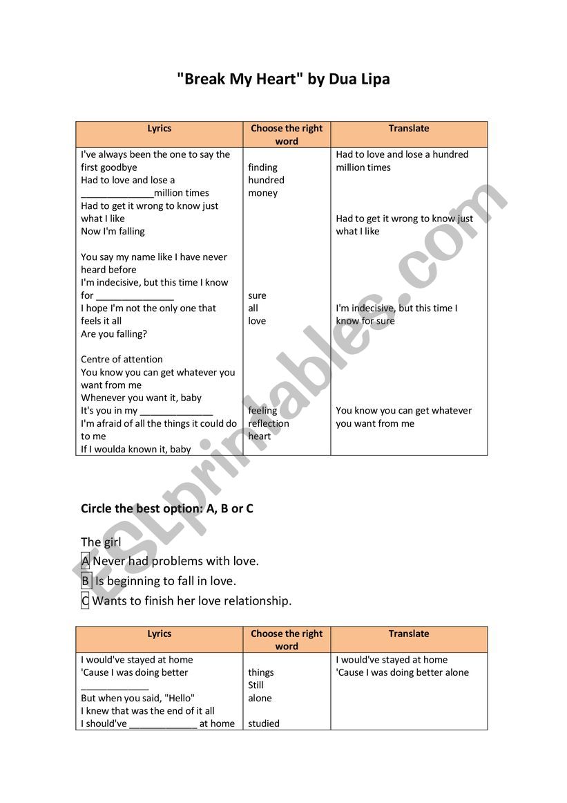 Break my Heart by Dua Lipa worksheet