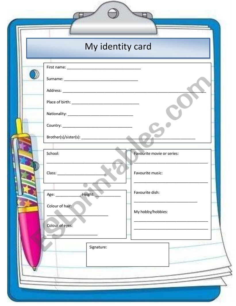 My identity card worksheet