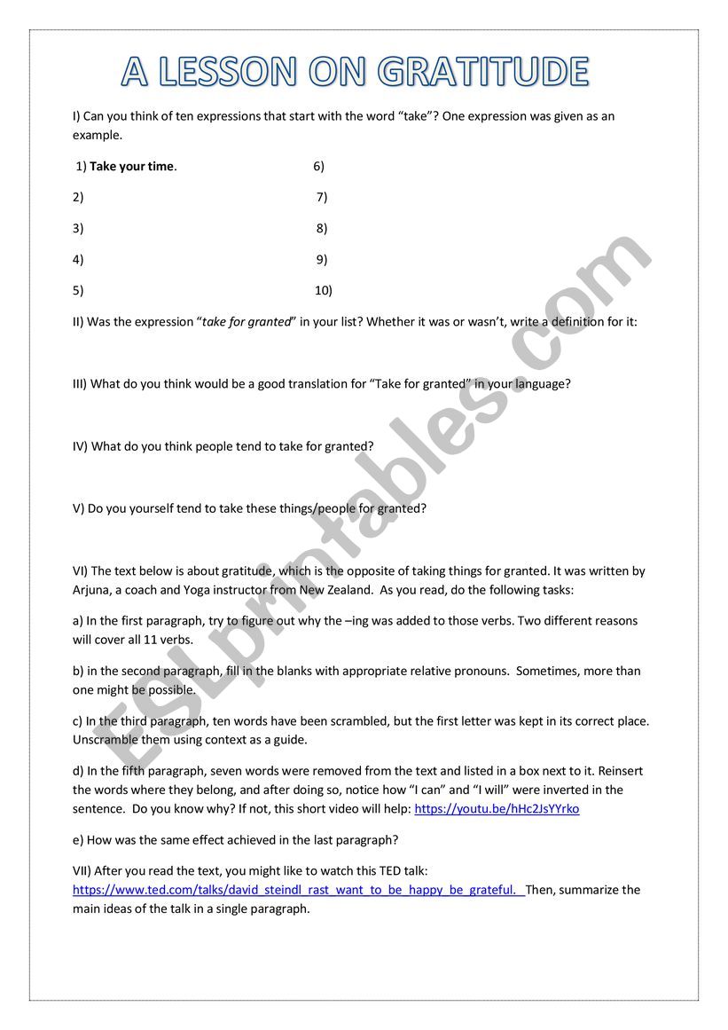 A lesson on gratitude worksheet