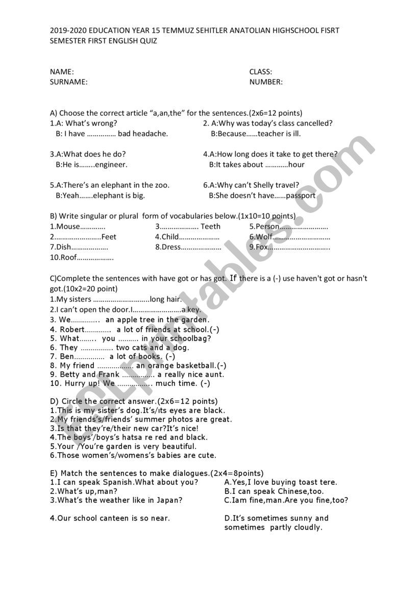 articles worksheet