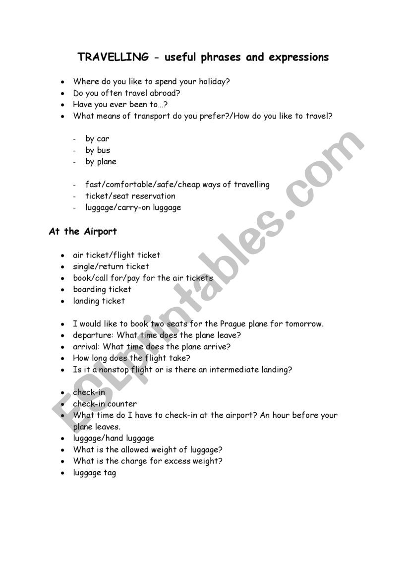 Travelling and Airport worksheet