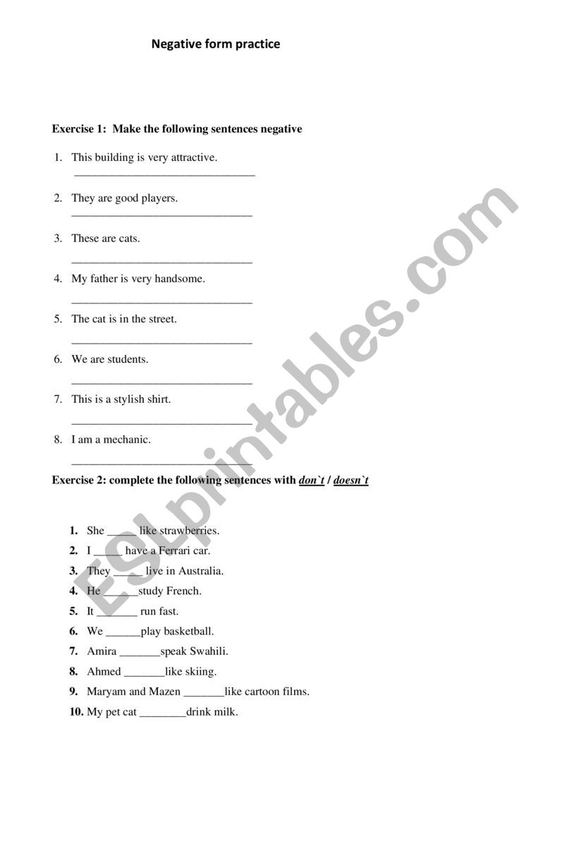 negative form worksheet