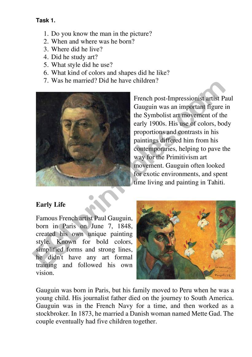 Paul Gouguin worksheet