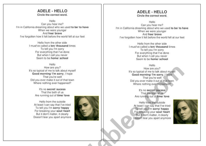 Adele Hello song worksheet