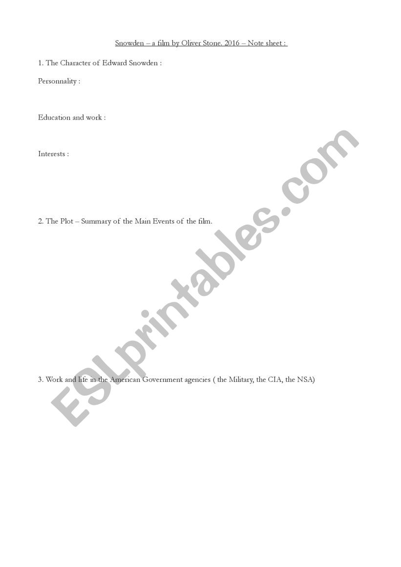 Worksheet for movie Snowden by Oliver Stone