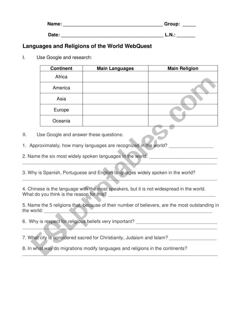 Languages and Religions of the World WebQuest