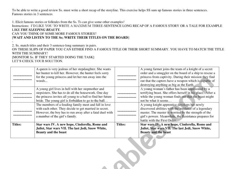 Three sentence Plot ESL Worksheet By Szommark