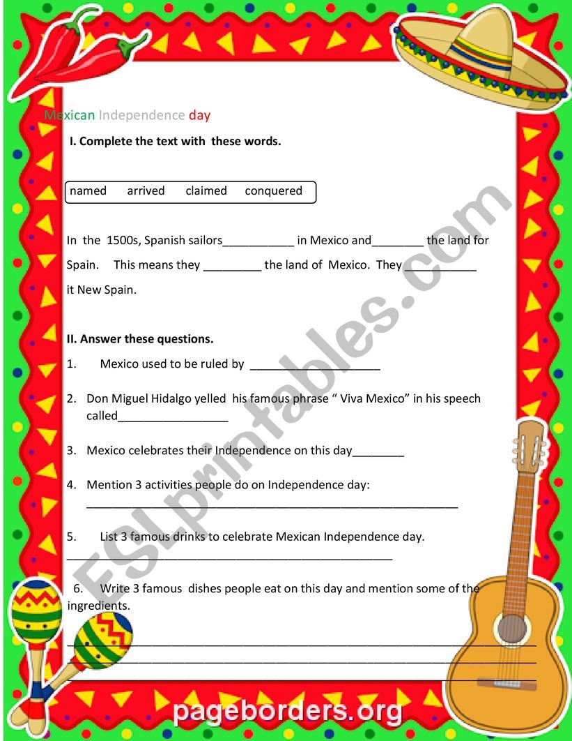 Mexican Independence Day Worksheet