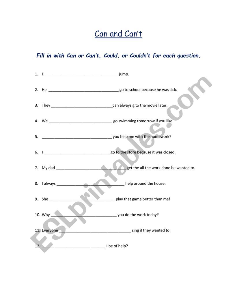 Can and Could worksheet