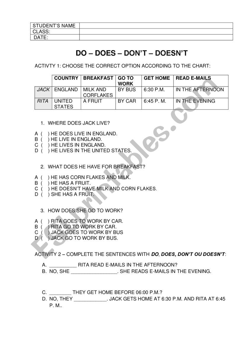 Simple Present Do Does Doni T Doesni T Esl Worksheet By Renate Oliveira