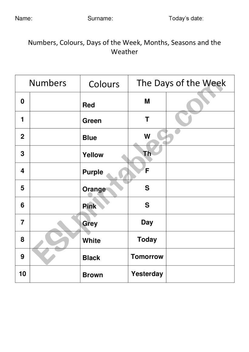 Numbers Colours Days of the Week Months of the Year Seasons Weather