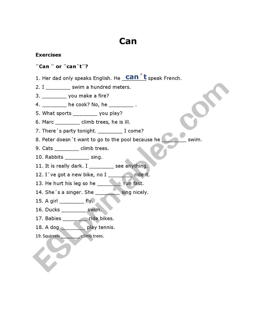 Can Or Can´t Esl Worksheet By Letyrosales