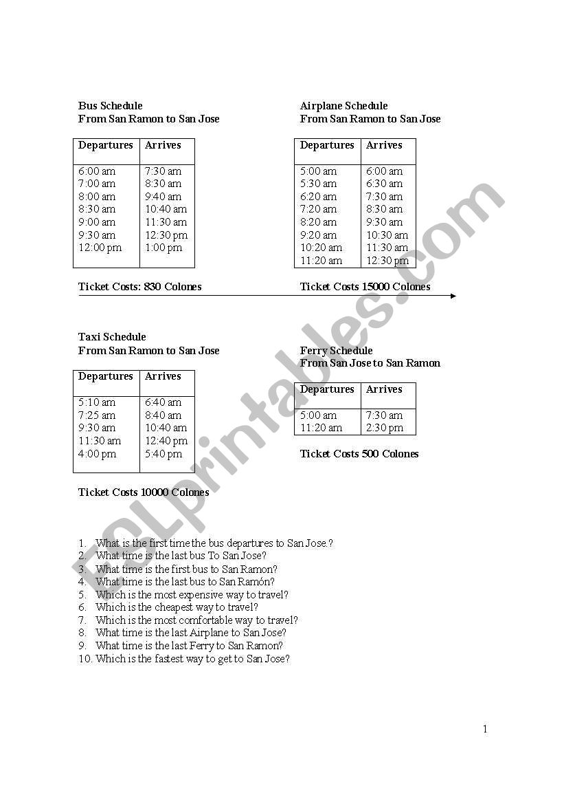 Bus Scheadules worksheet