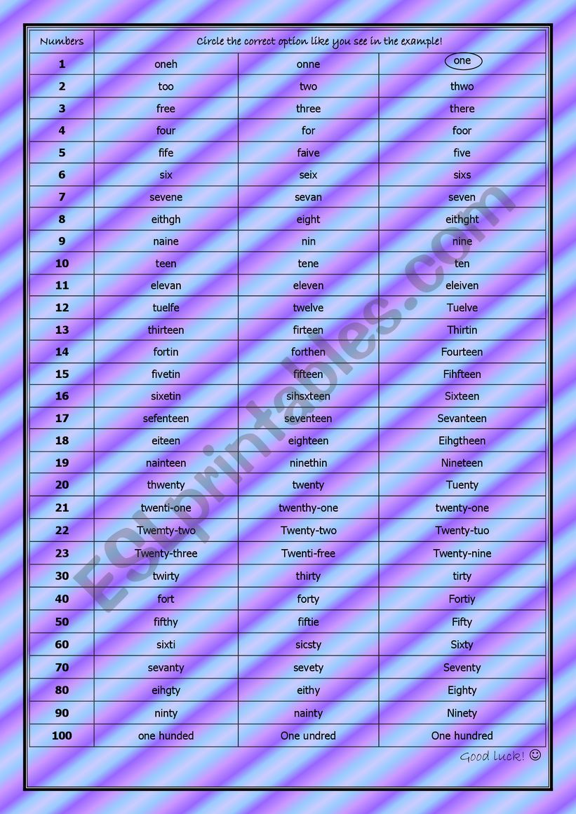 numbers worksheet