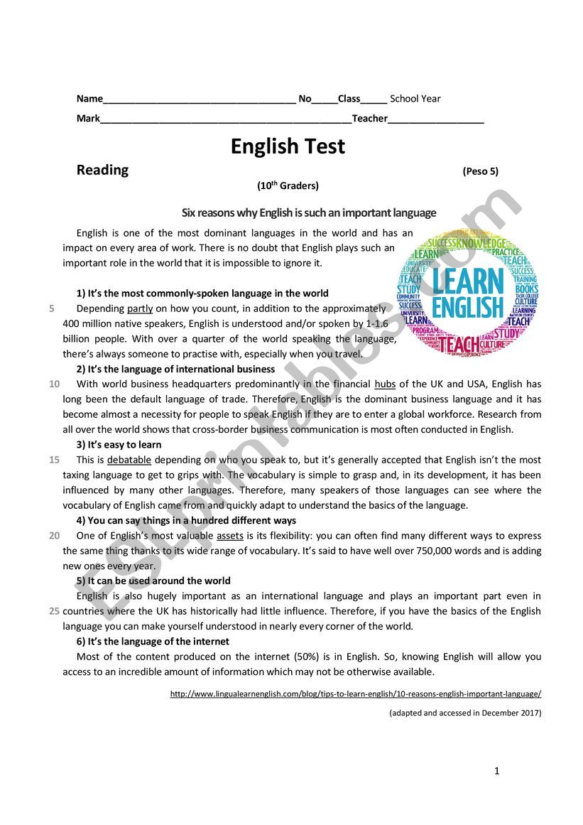 Importance of the English Language - ESL worksheet by alice_rocha