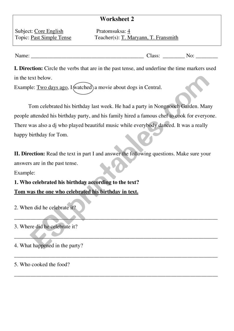 Past Simple Tense Worksheet worksheet