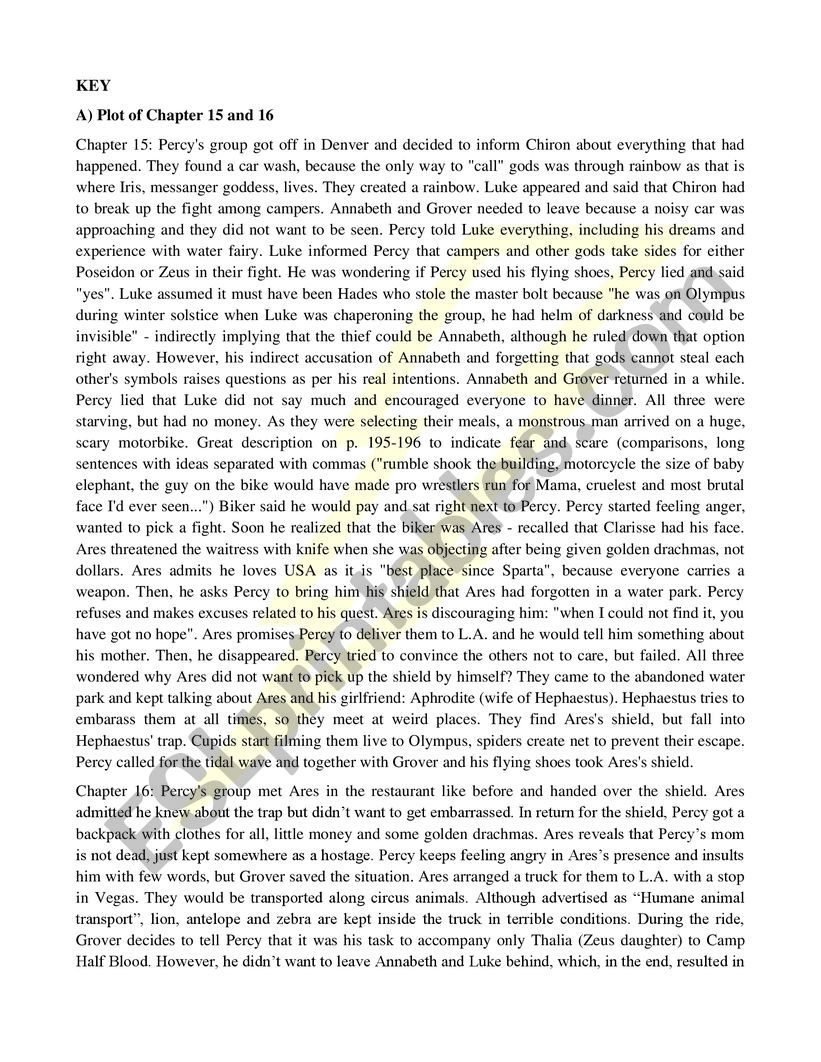 Percy Jackson Lightning Thief - Chapter 15 & 16 Review - ESL worksheet by  Luky4287