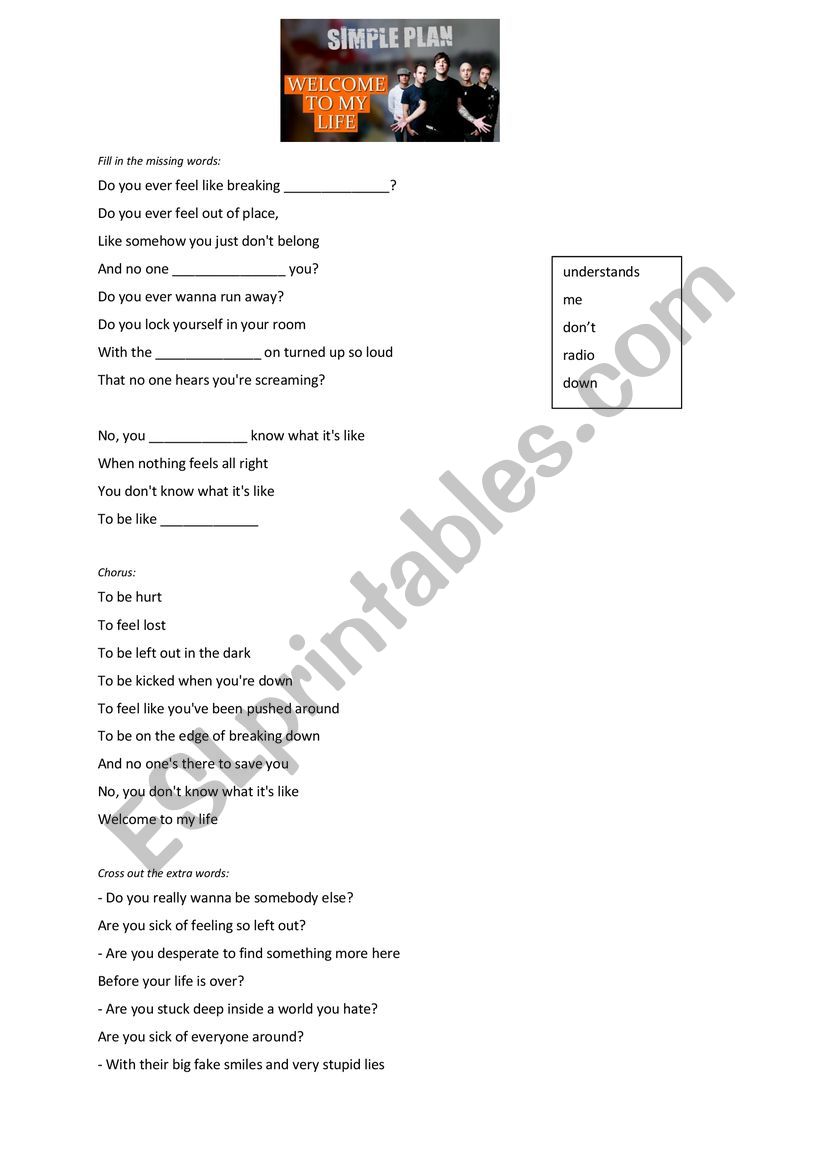 Welcome to my Life - song  worksheet