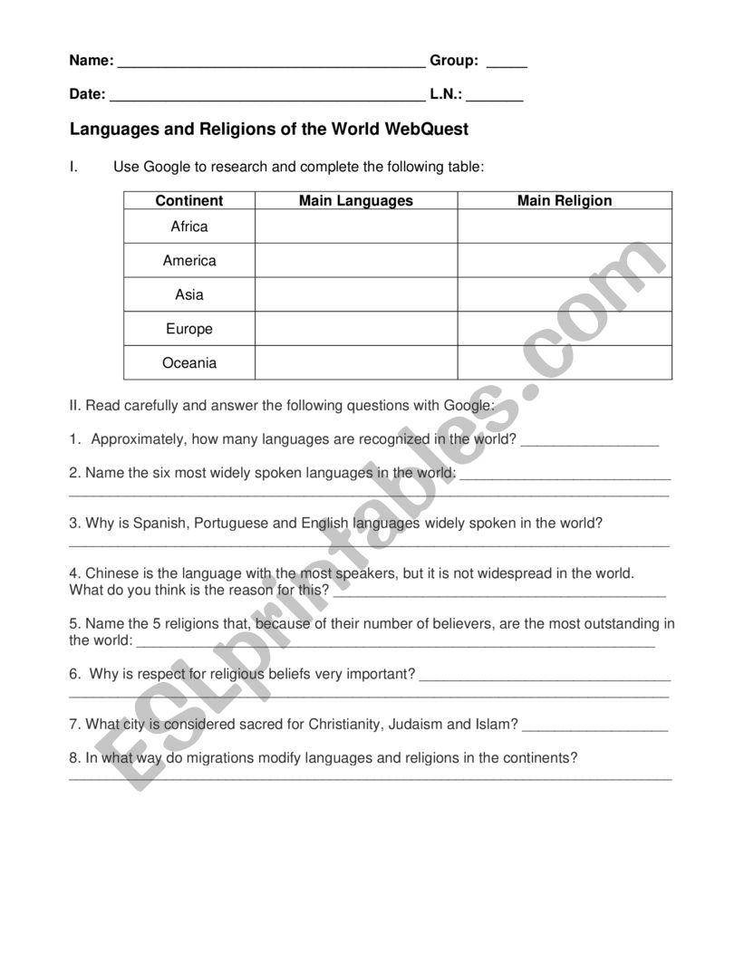 Languages and Religions of the World WebQuest