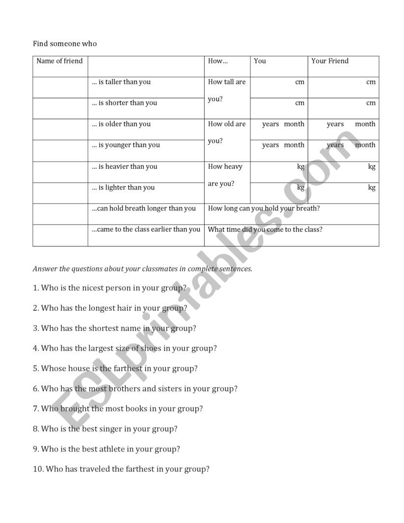 Comparative worksheet