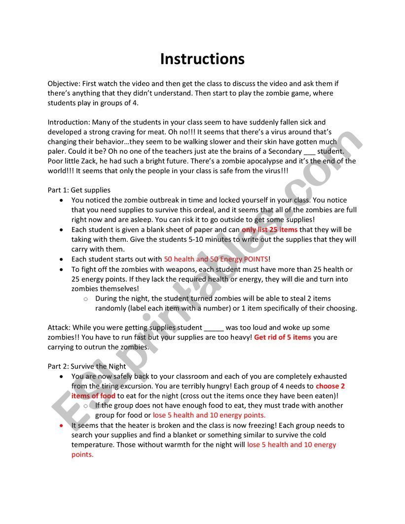 The end of the world - a role play survival game - ESL worksheet