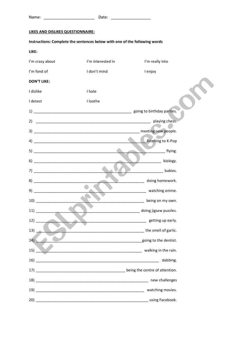 Likes and Dislikes worksheet