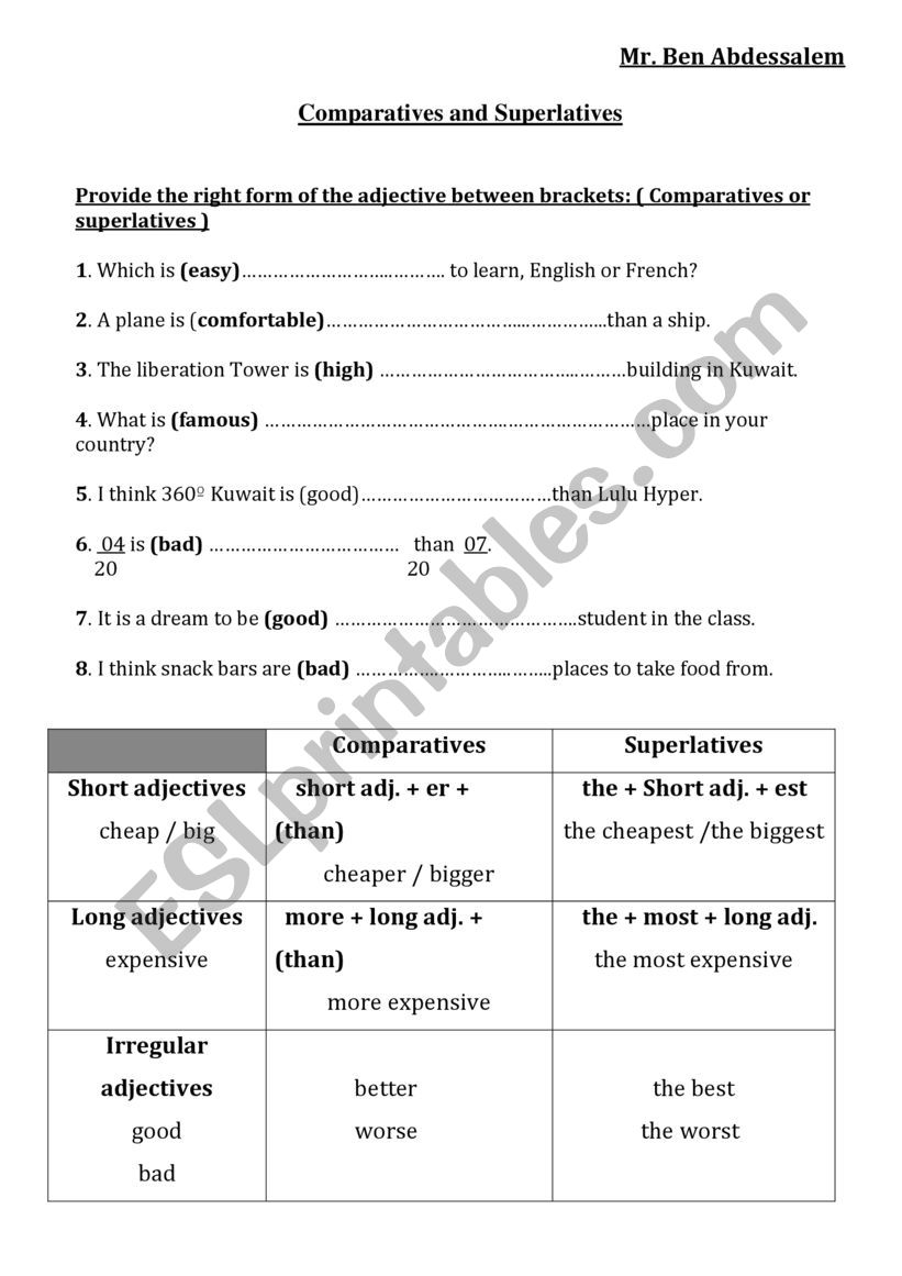 comparatives and superlatives worksheet