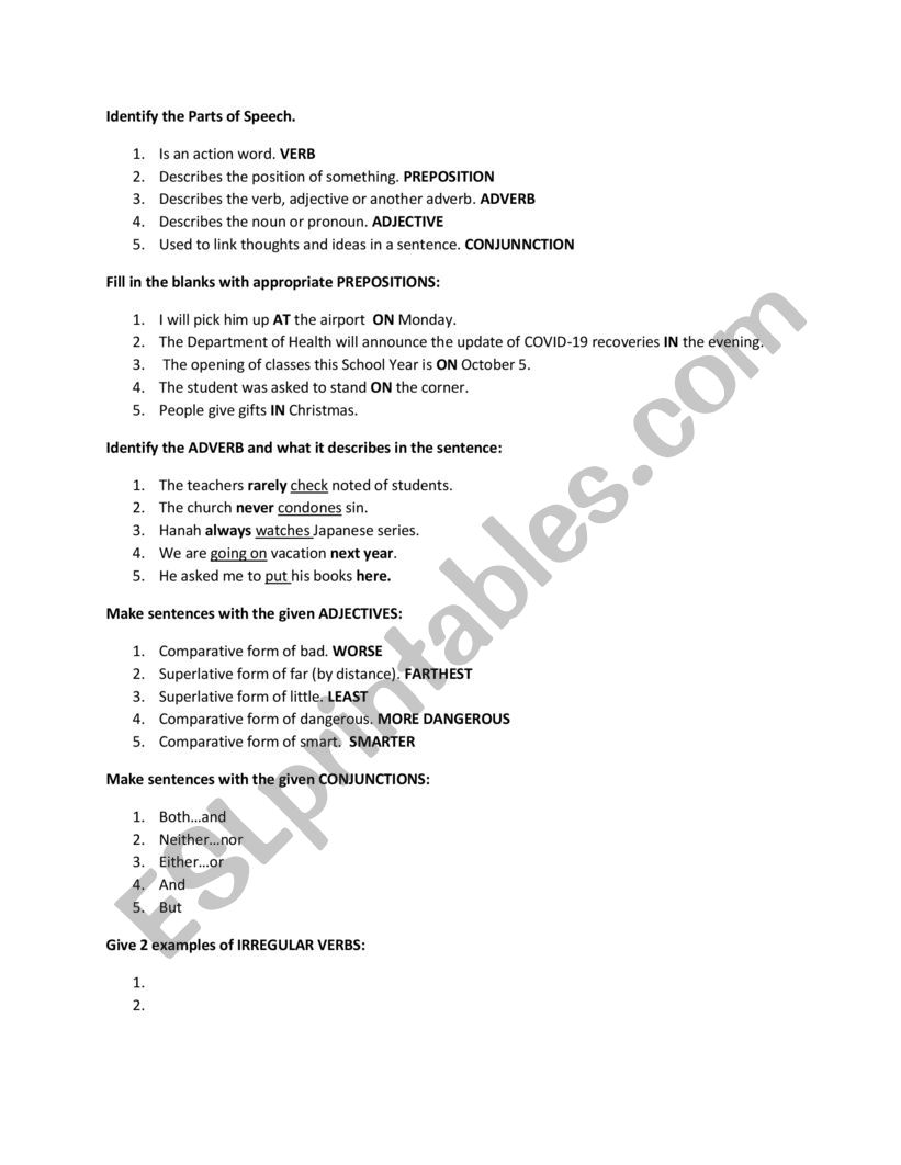 Parts of Speech worksheet