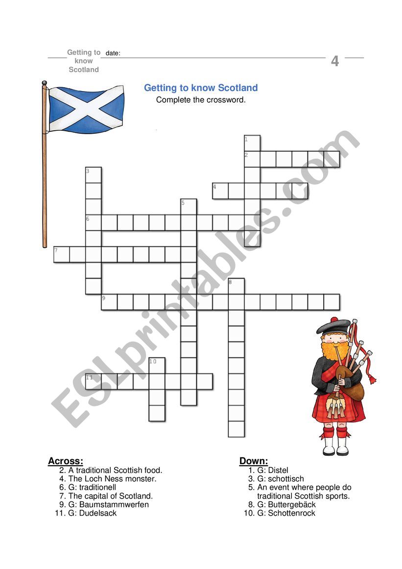 Crossword Scotland ESL worksheet by CorinaNicola87