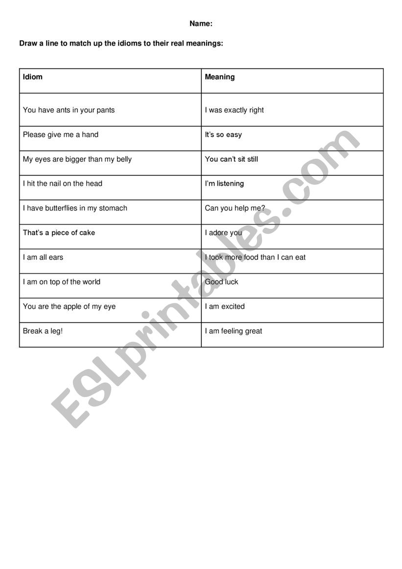 Simple Idiom Worksheet worksheet