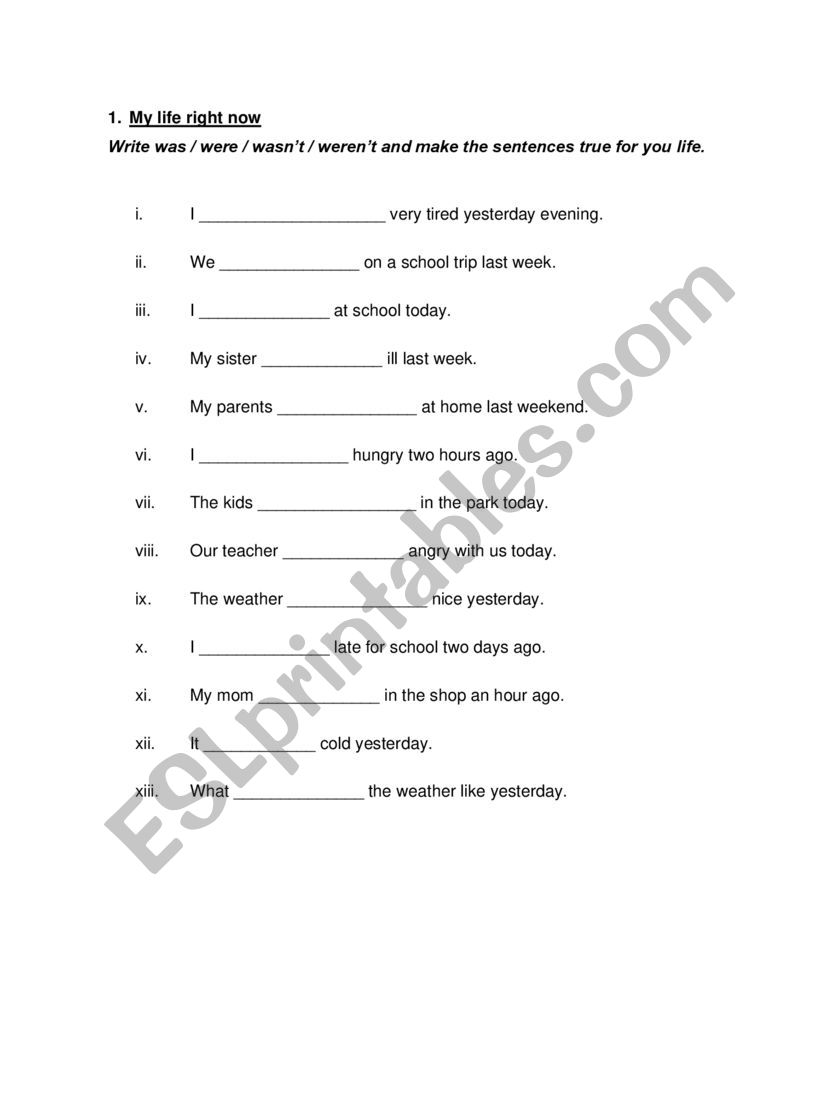 My life now - was/were/wasnï¿½t/werenï¿½t - ESL worksheet by anna.mihalek