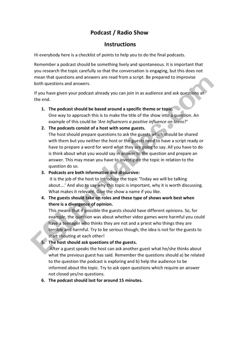 Podcast / Radio Show worksheet