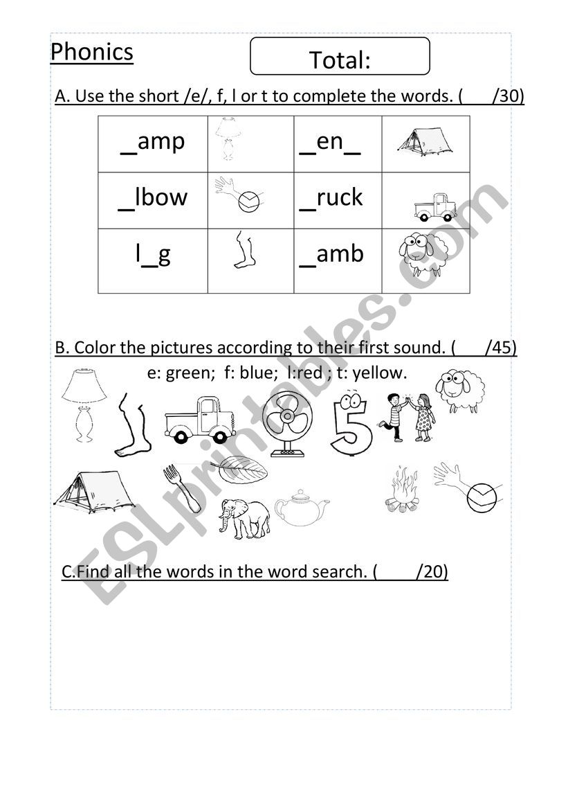 Phonics short /e/, f, l and t worksheet