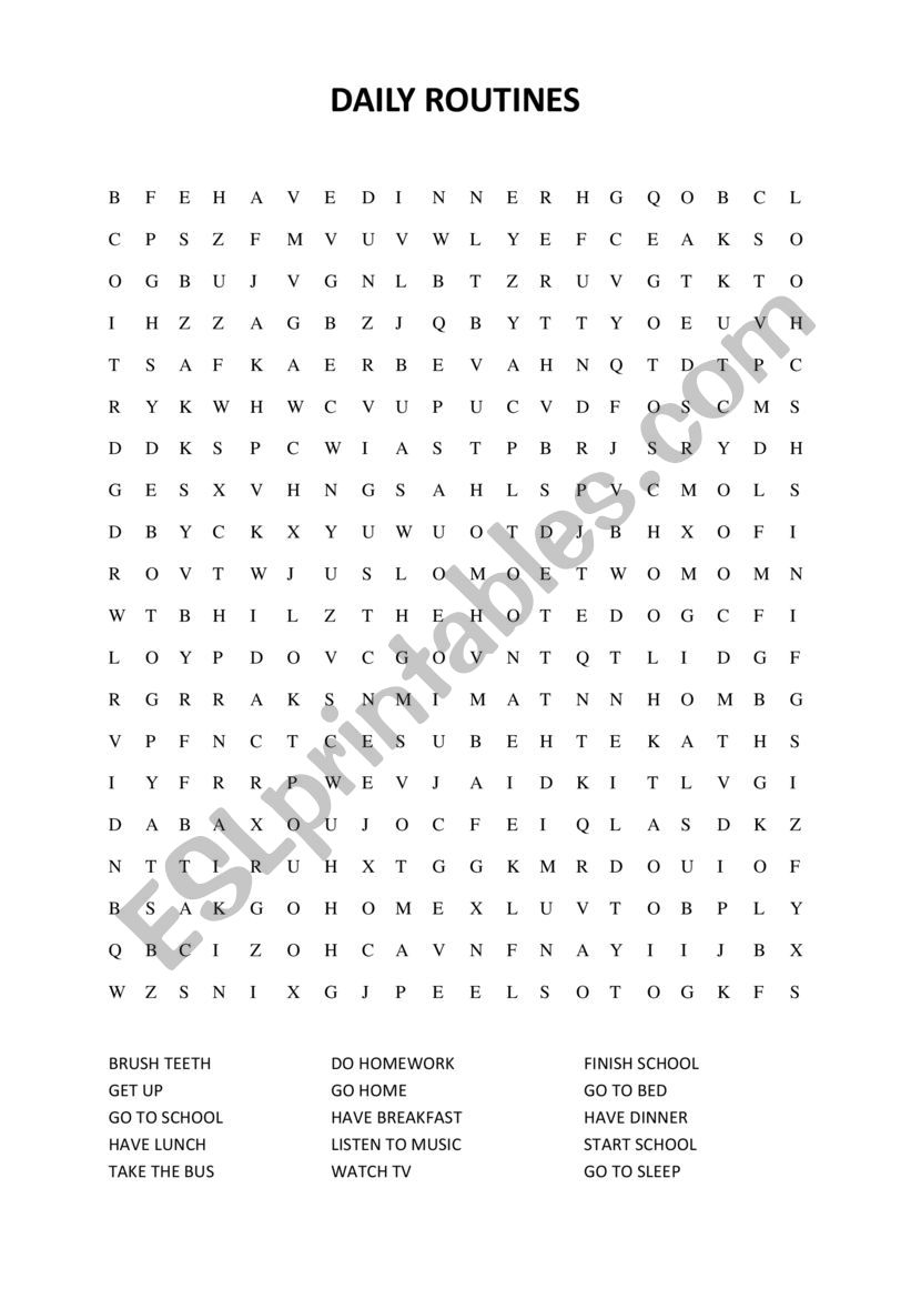 Word search - daily routines worksheet