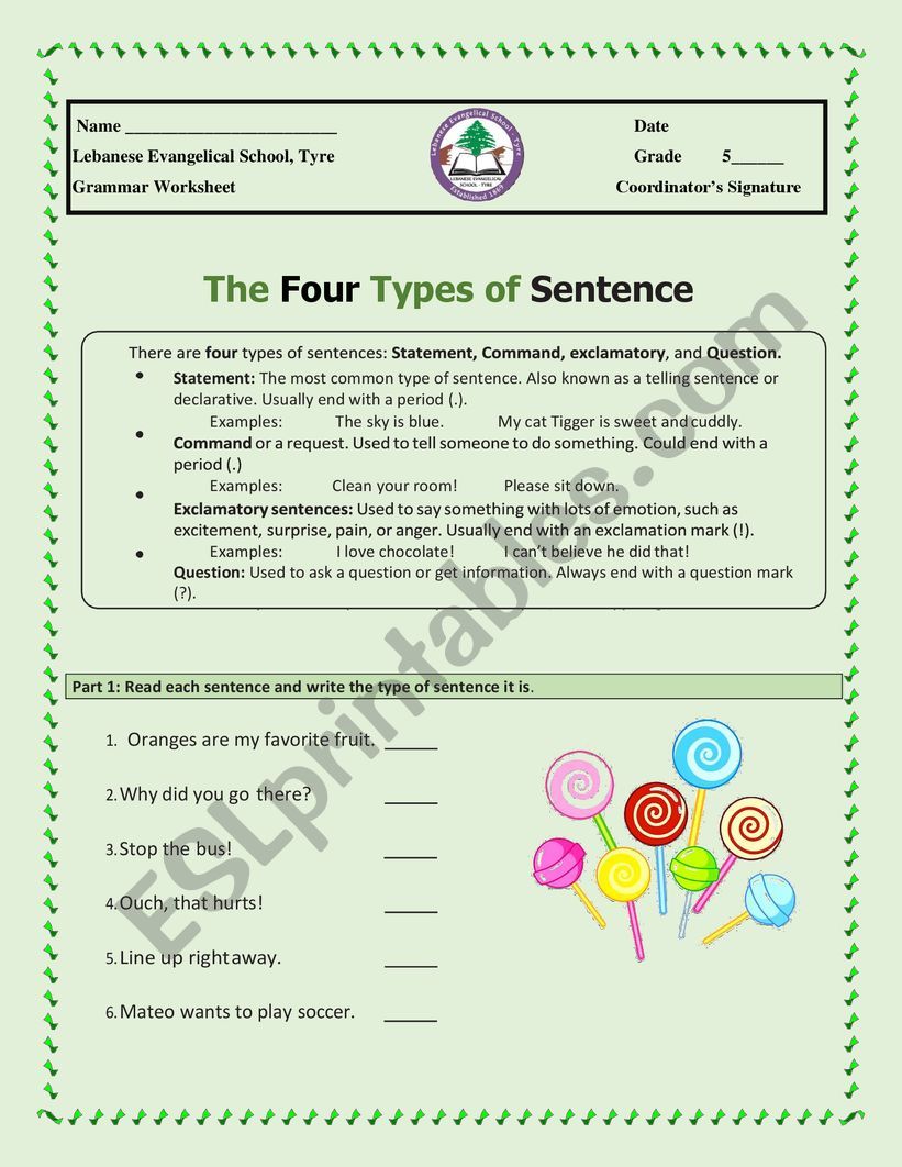 Types of sentences worksheet