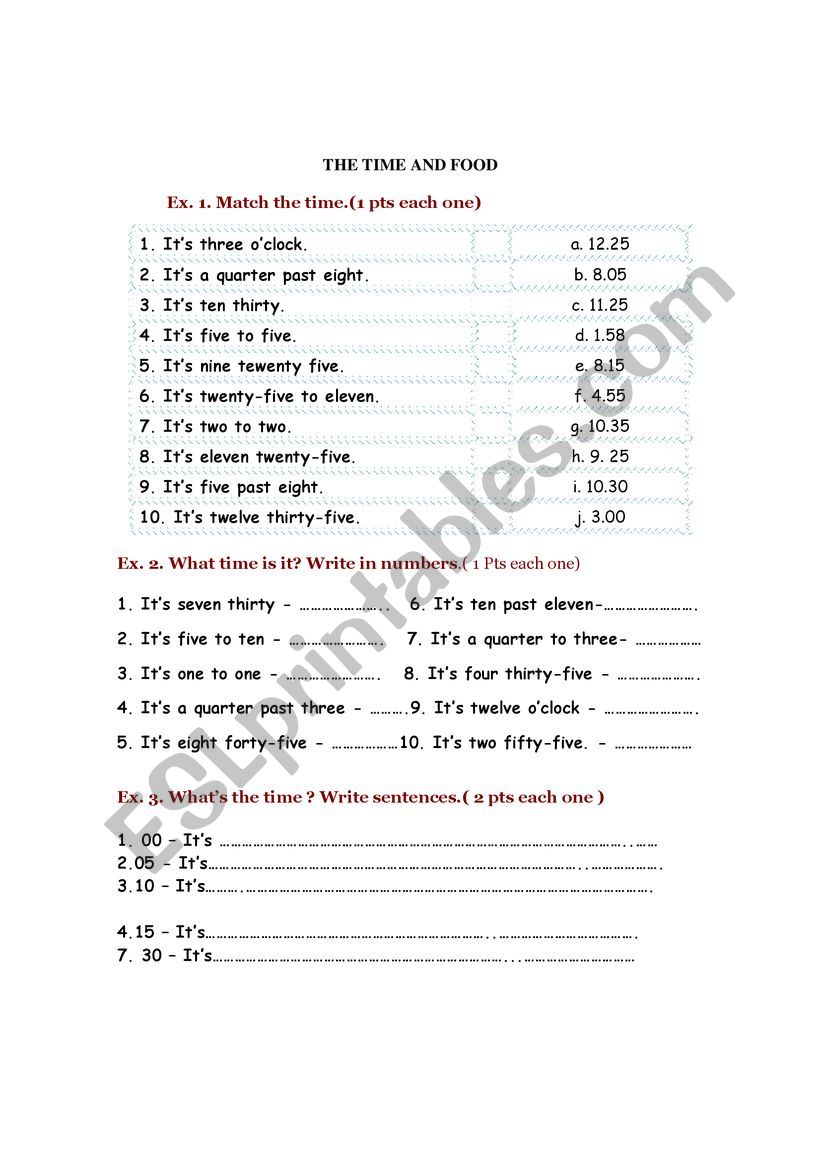 Time and Food  worksheet