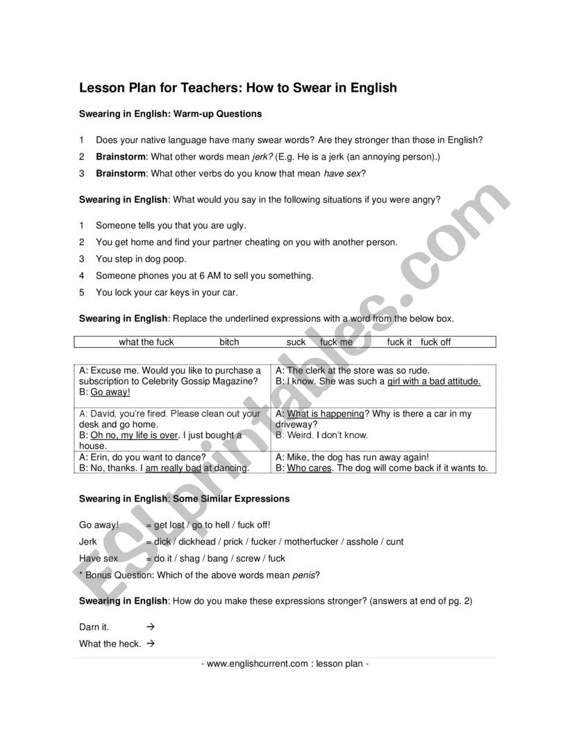 EXPLICIT: cuss words lesson  worksheet