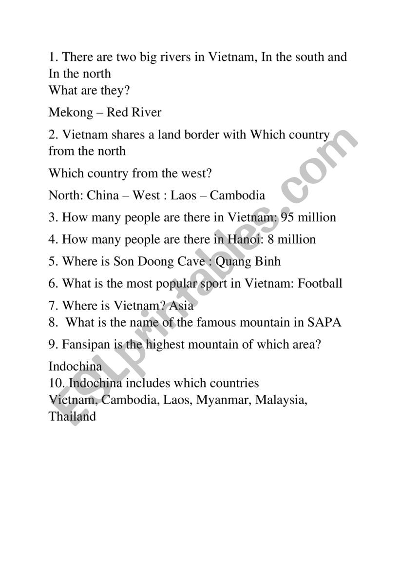 Quiz about Viet Nam worksheet