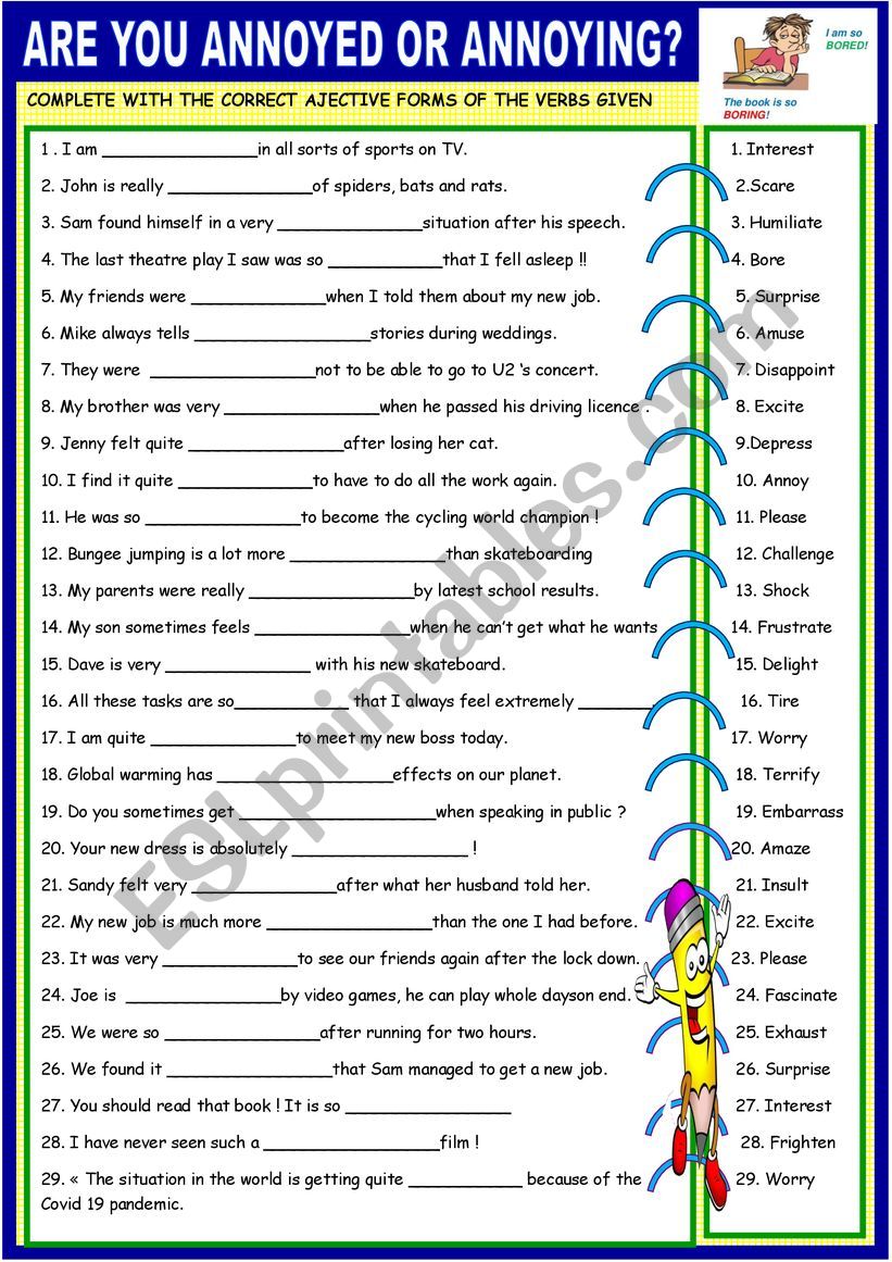 Adjectives ED Or ING With KEY ESL Worksheet By Spied d aignel