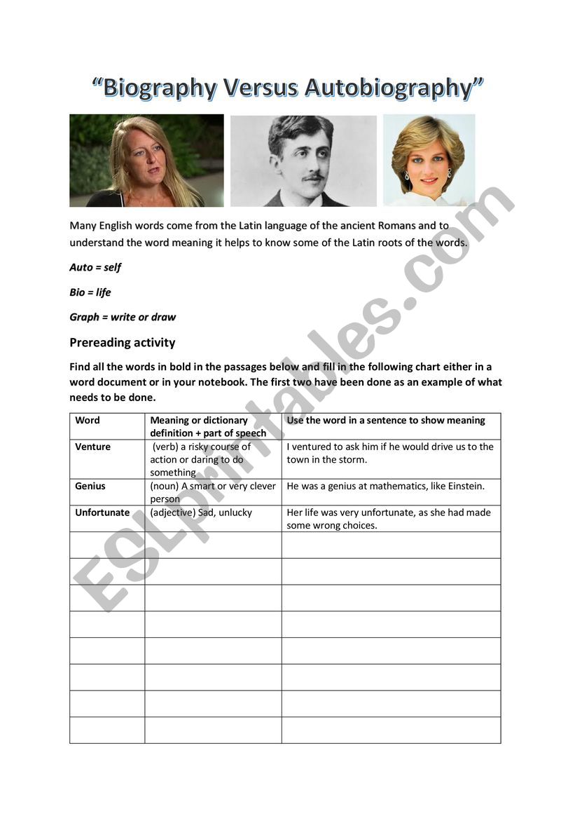 biography vs autobiography worksheet pdf