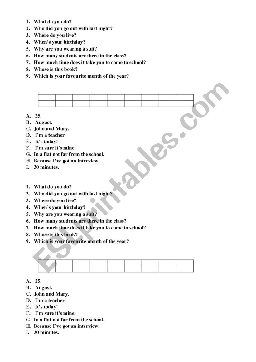 Questions and answers  worksheet