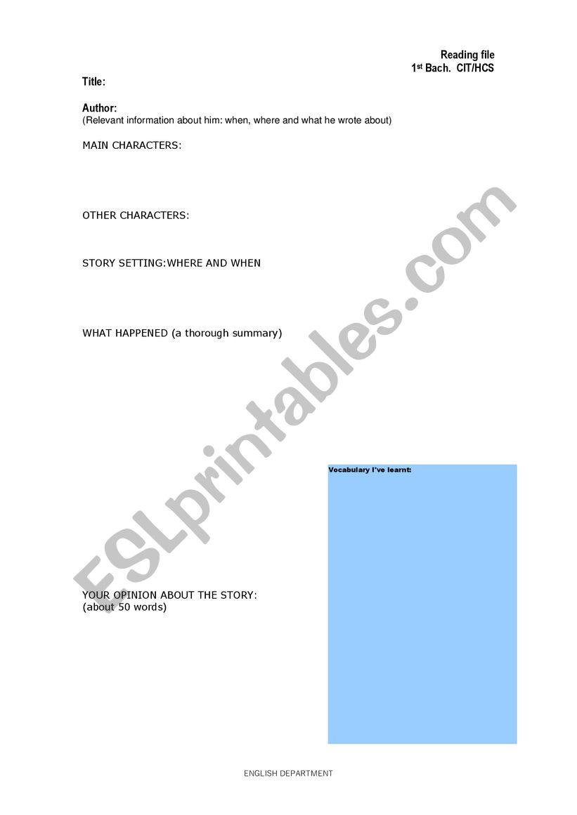 Template for a reading file worksheet