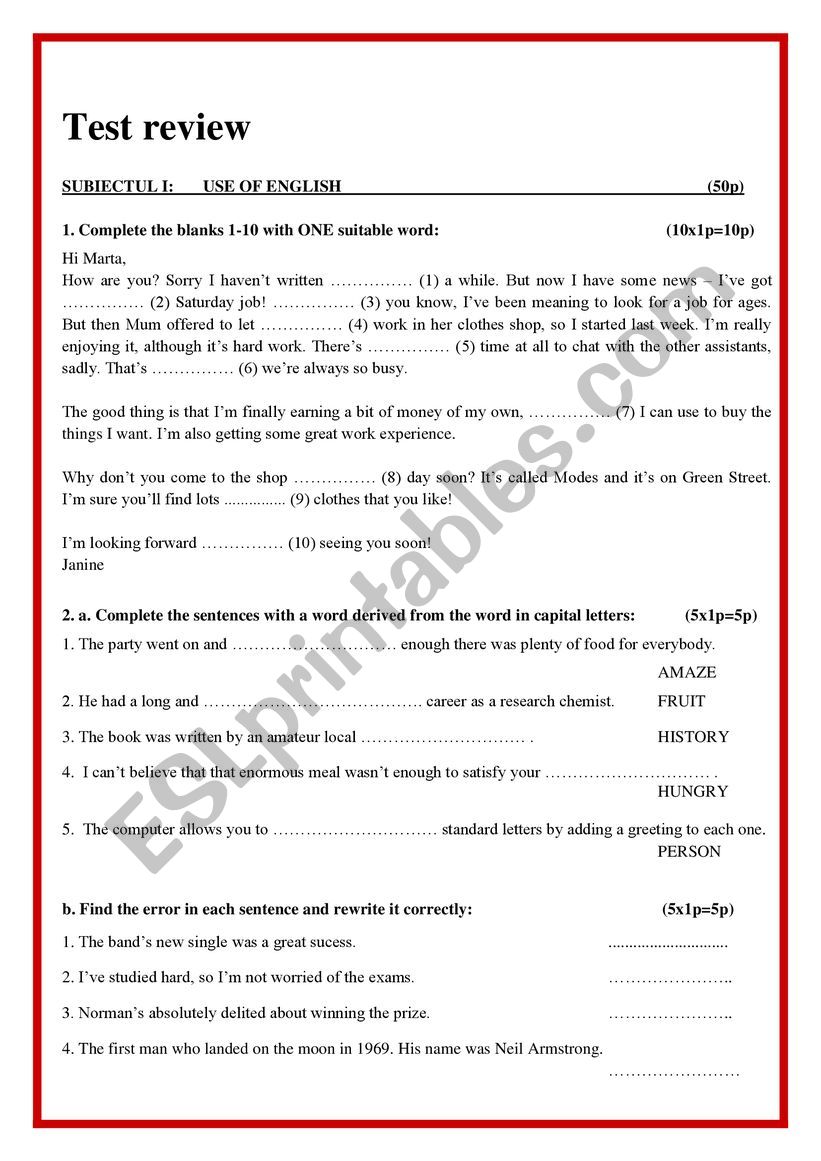 Test review intermediate worksheet