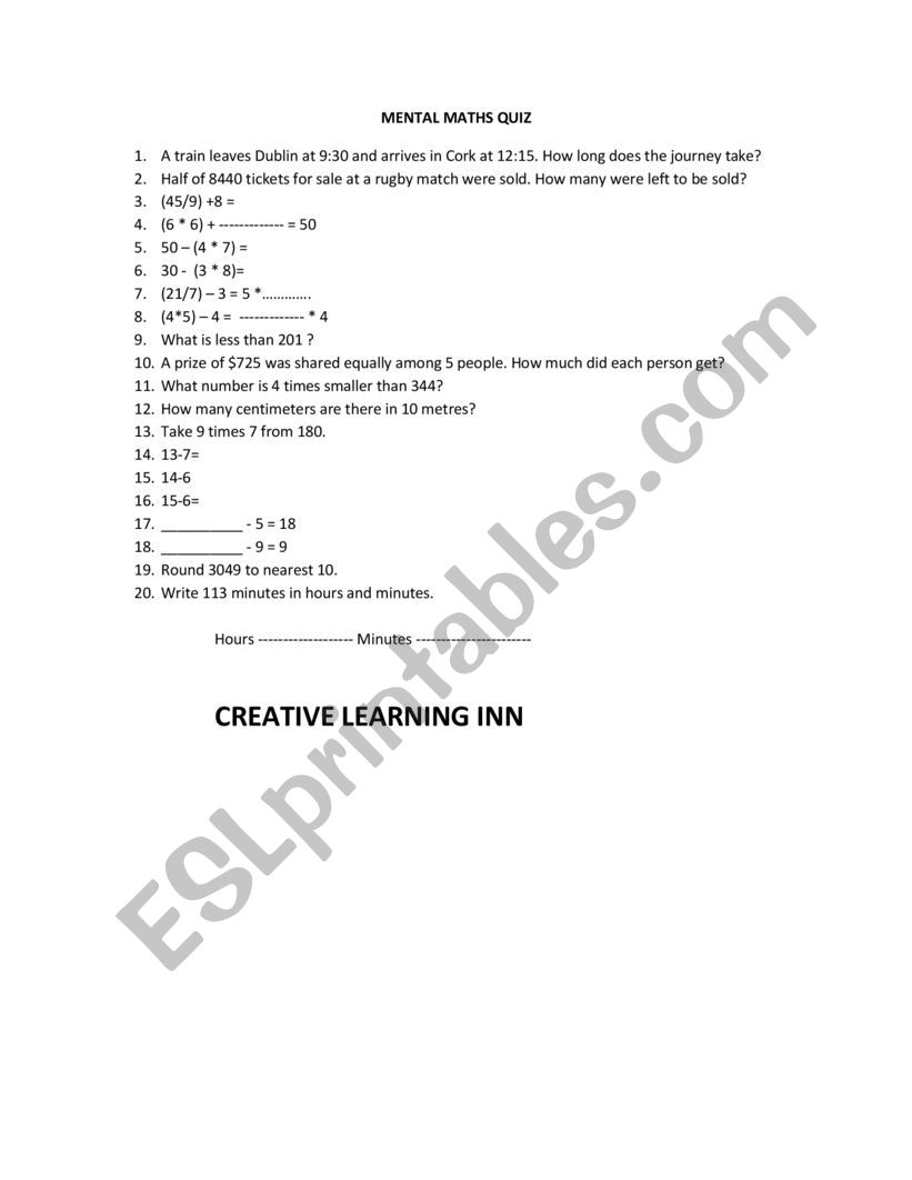 Mental Maths worksheet